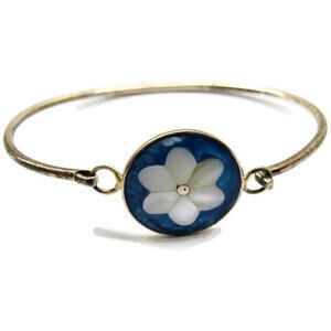 Inlay Bangle Bracelet Turquoise Mother of Pearl Daisy Flower Alpaca